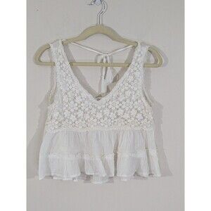 Babydoll Milkmaid Womens Top L White Crochet Tassel Cottage Boho Prairie Girly